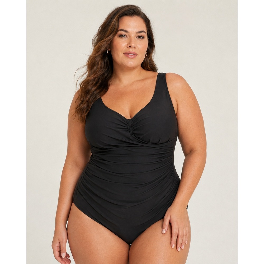 Miraclesuit Ruched One Piece Swimsuit Large Black Tummy Control Classic